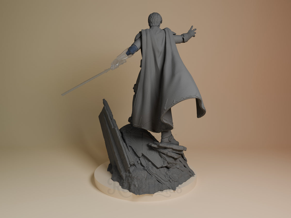 Desert Sage from Galaxy Wars is an unpainted resin figure shown from behind with cape, sword, and sculpted base.
