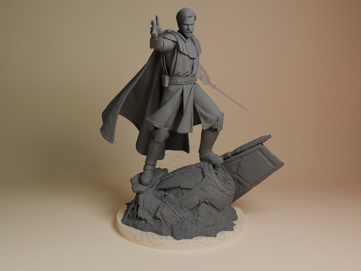 Desert Sage from Galaxy Wars is an unpainted resin figure, front-facing with raised hand, staff, cape, and sculpted wreckage.