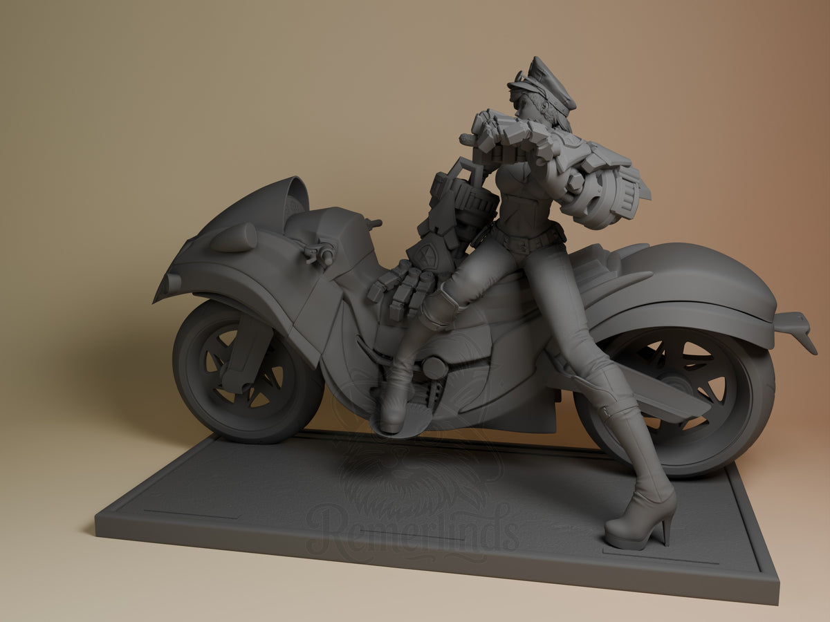 Vi from League of Legends sits on a motorcycle in this unpainted gray resin figure, shown from an angled side view on a rectangular base.