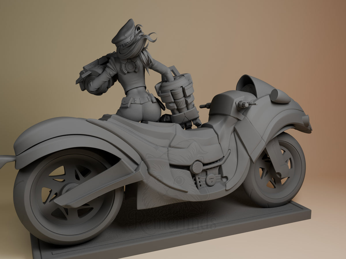 Vi from League of Legends seated on motorcycle, back view, unpainted gray resin figure with detailed armor and base.