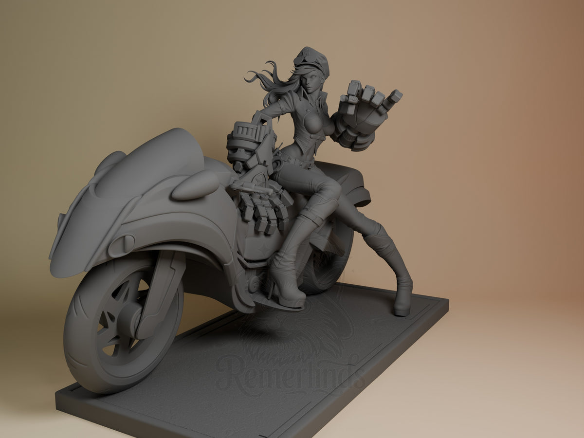 Vi from League of Legends sits on a motorcycle in dynamic pose, unpainted gray resin figure with detailed armor and gauntlets on base.