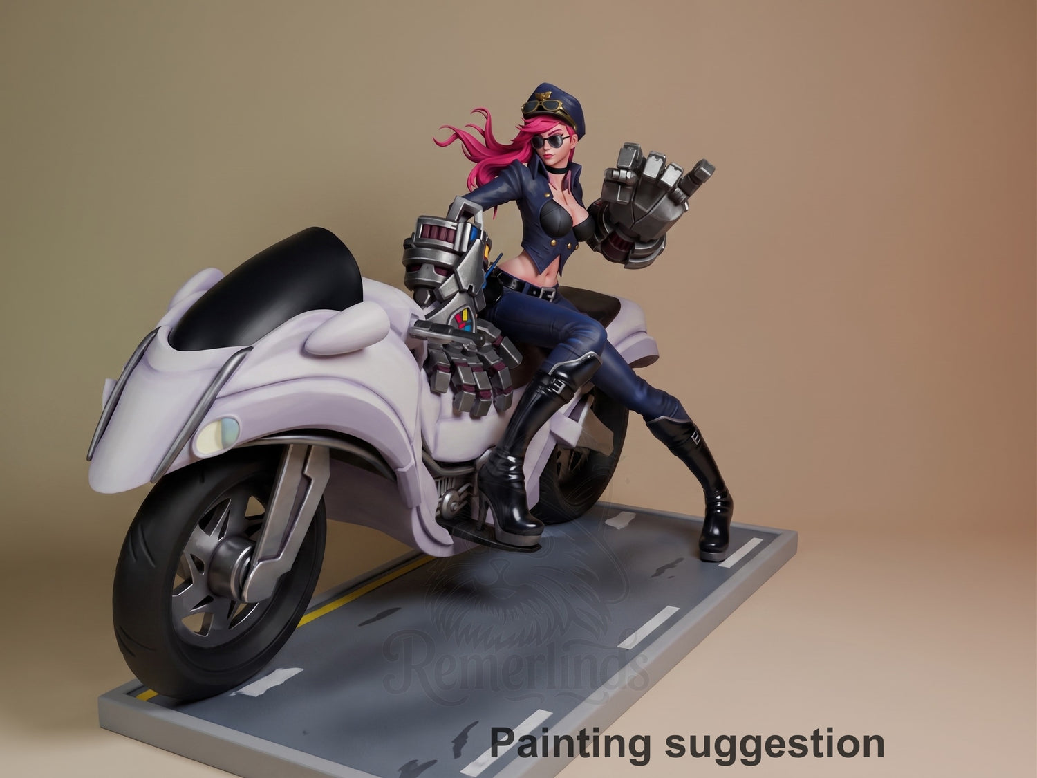 Vi from League of Legends sits on a white and black motorcycle, fists raised, wearing sunglasses and a captain's hat. Fully painted resin figure on gray base.