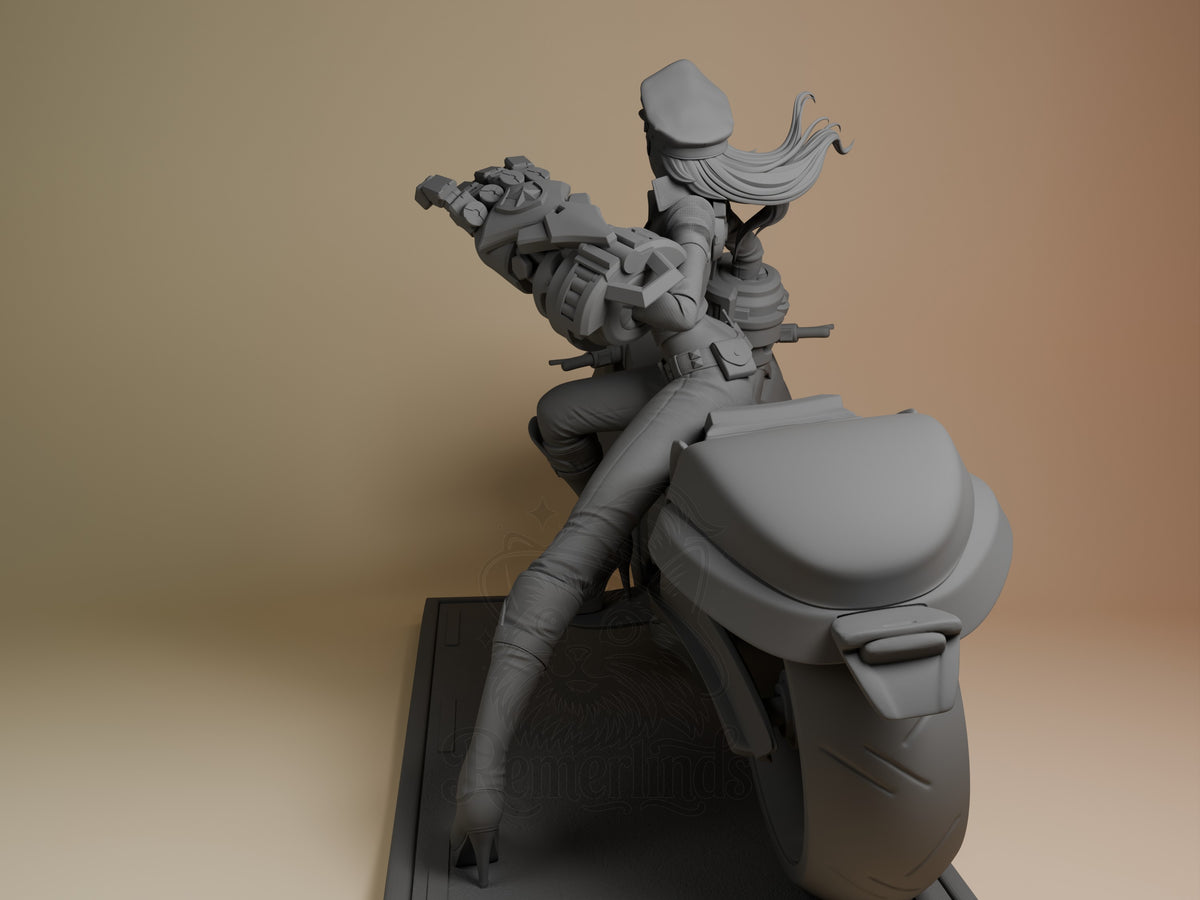 Vi resin figure seated on mechanical gauntlet, unpainted gray finish, dynamic pose with flowing hair, shown from left angle on black base.