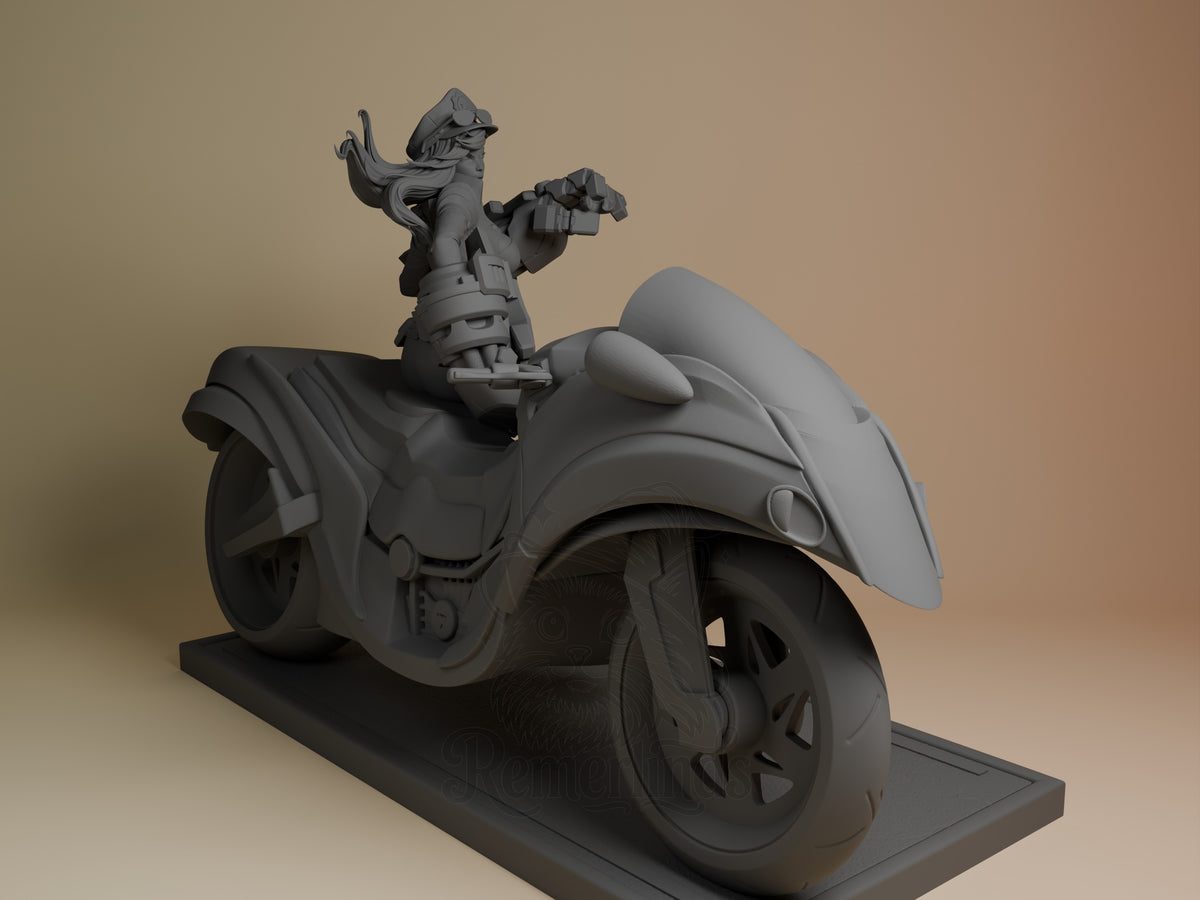 Vi from League of Legends sits atop a motorcycle on this unpainted gray resin figure, shown from the right angle on a black base.