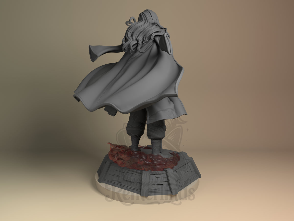 Back view of Olivier Armstrong Fullmetal Alchemist resin figure, unpainted with flowing cape on sculpted base.