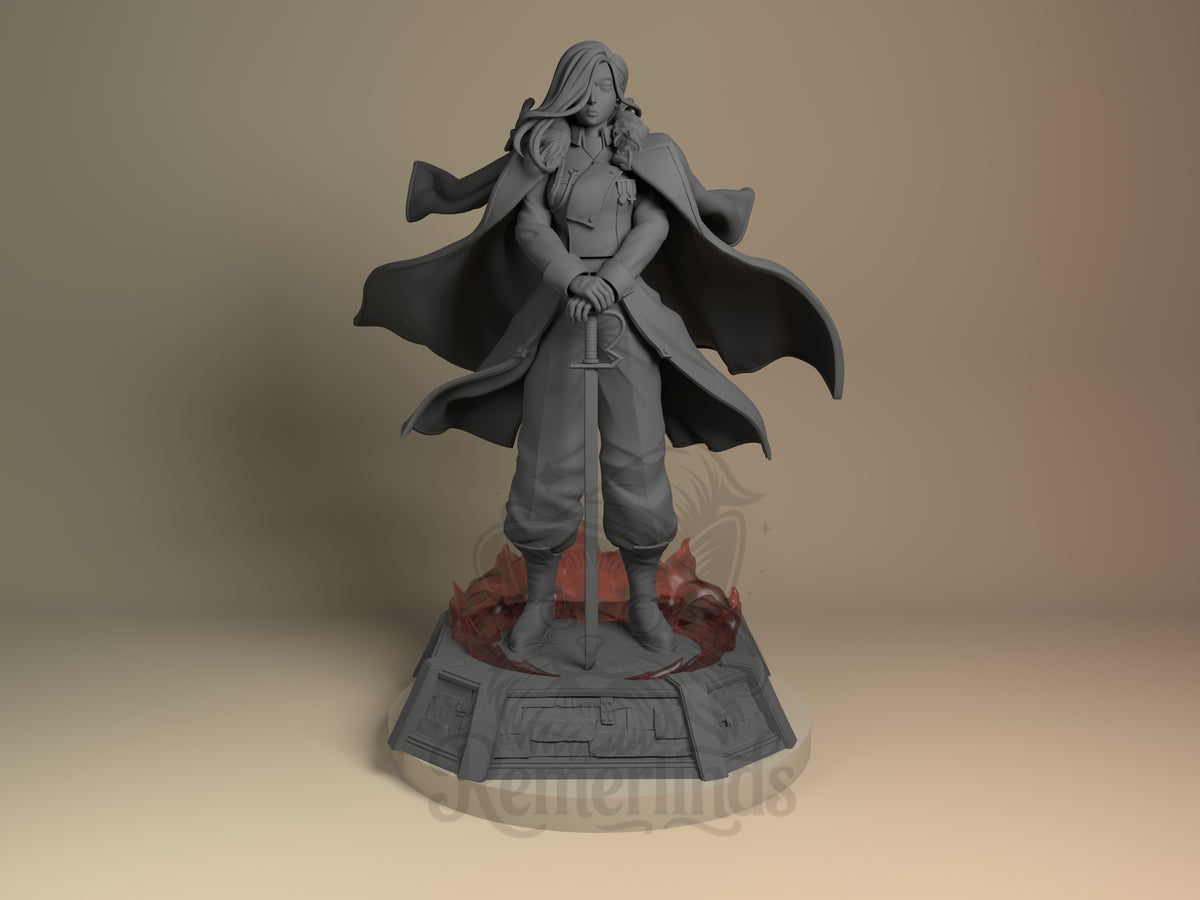 Front view: Olivier Armstrong from Fullmetal Alchemist, unpainted resin figure on sculpted base.