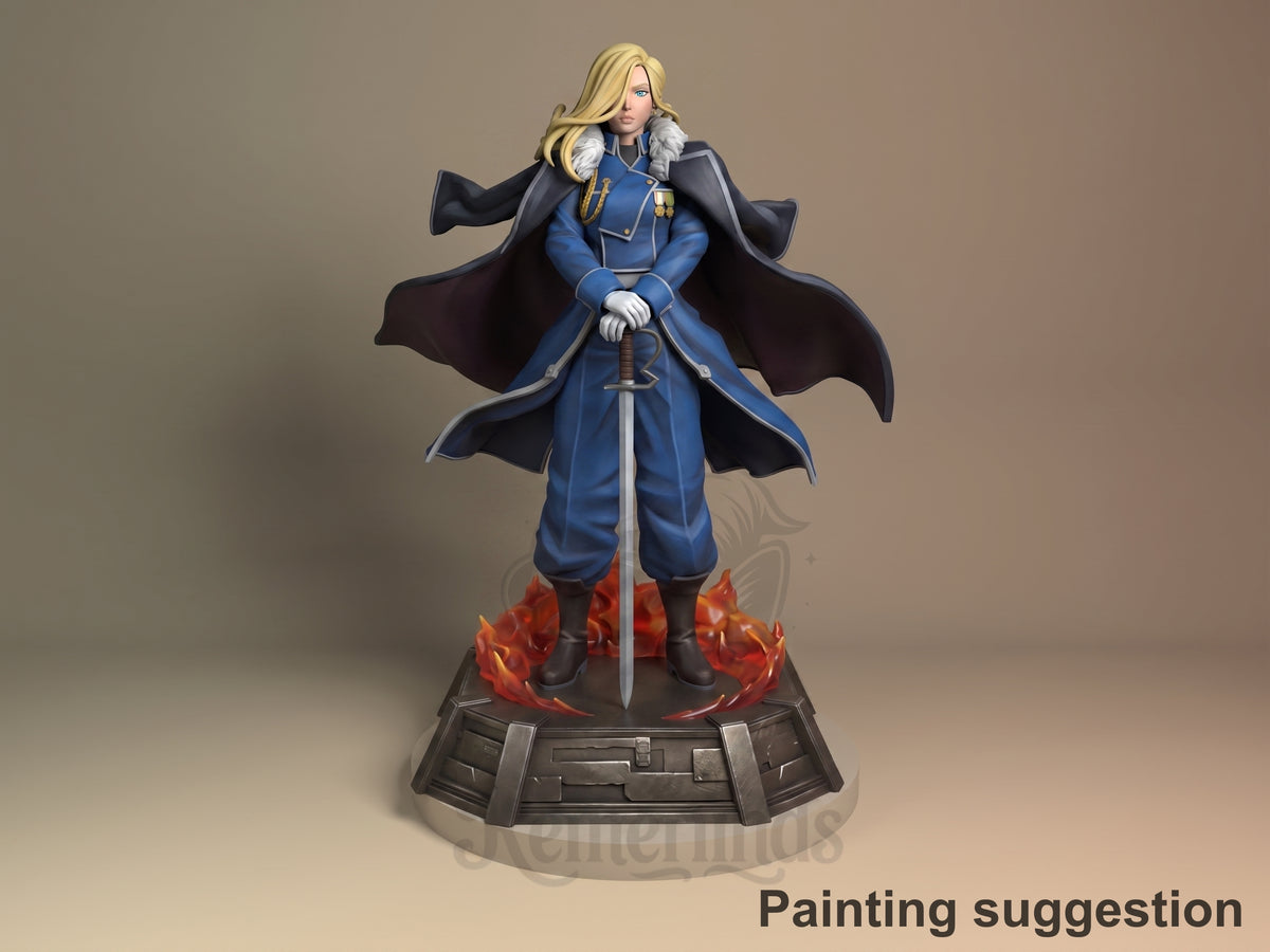 Painted Olivier Armstrong resin figure from Fullmetal Alchemist faces front on a flame base.