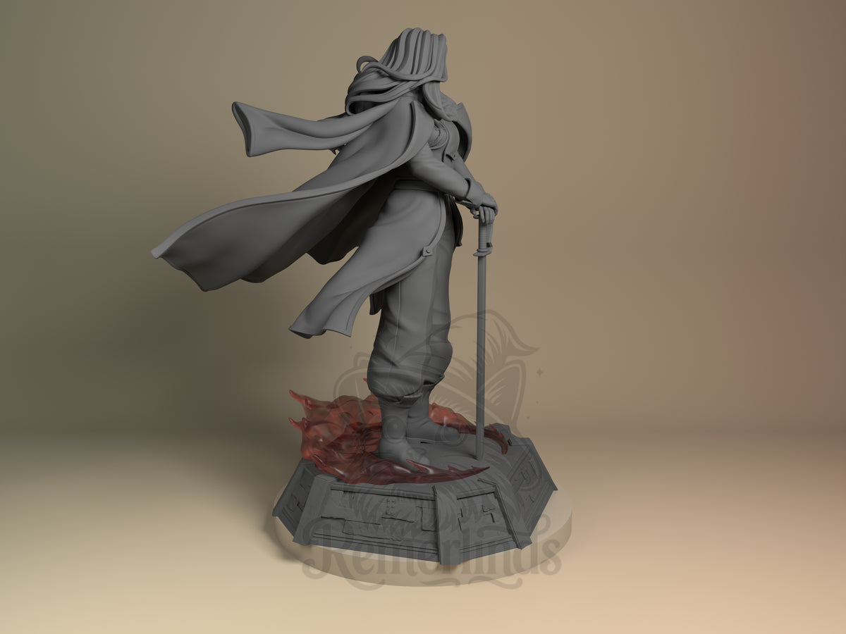 Olivier Armstrong from Fullmetal Alchemist, an unpainted resin figure seen from the right rear with sword, cape, and sculpt.