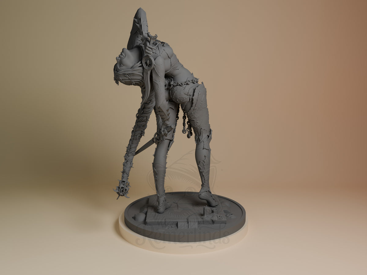 Orin the Red resin figure from Baldur's Gate in unpainted gray, shown at an angle in an aggressive leaning pose on a dark base.
