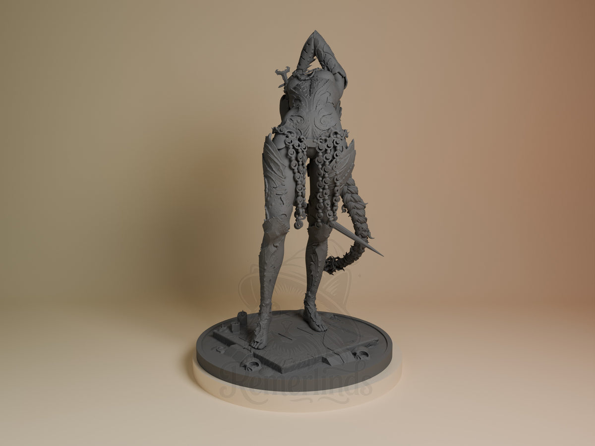 Orin the Red resin figure from Baldur's Gate shown from behind, unpainted gray with ornate armor details, dynamic pose holding a curved blade, mounted on round base.