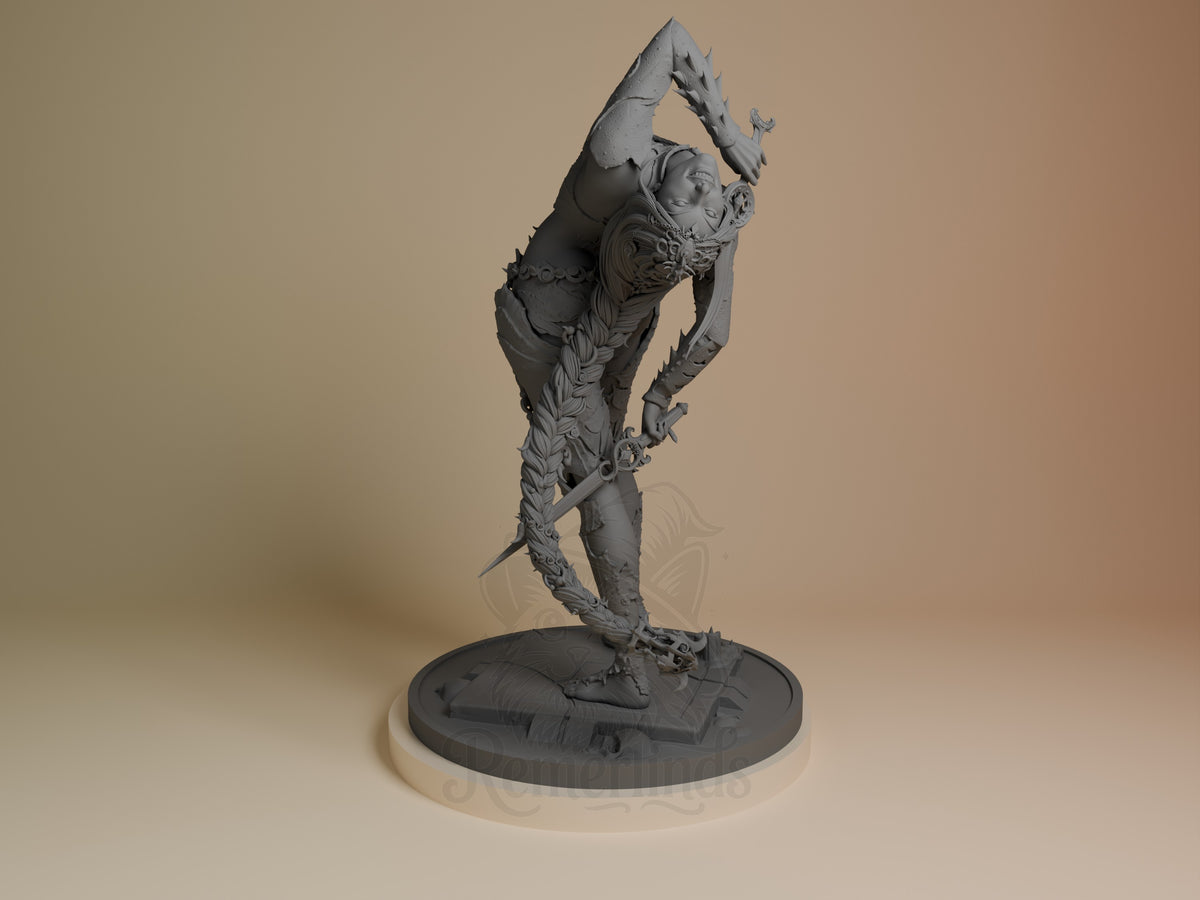 Orin the Red resin figure in dynamic ascending pose with sword raised, unpainted gray detail on round base, front angle view.