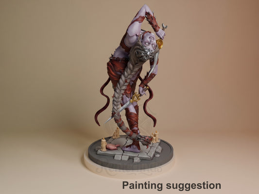 Orin the Red resin figure in dynamic upright pose with arm raised, detailed red and purple armor, flowing white hair, holding sword, on gray stone base with candles.