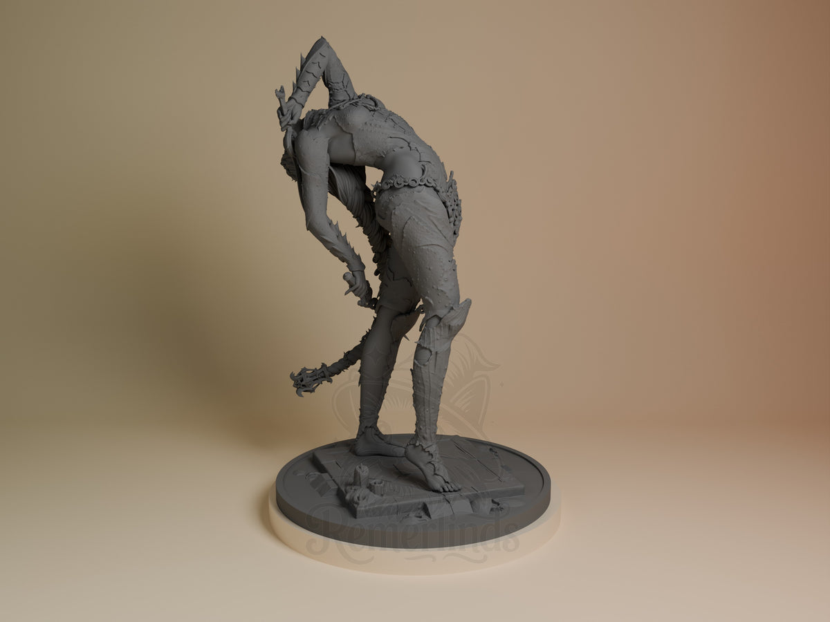 Unpainted gray resin figure of Orin the Red from Baldur's Gate in dynamic upright pose with raised arms on circular base, viewed from left side angle.