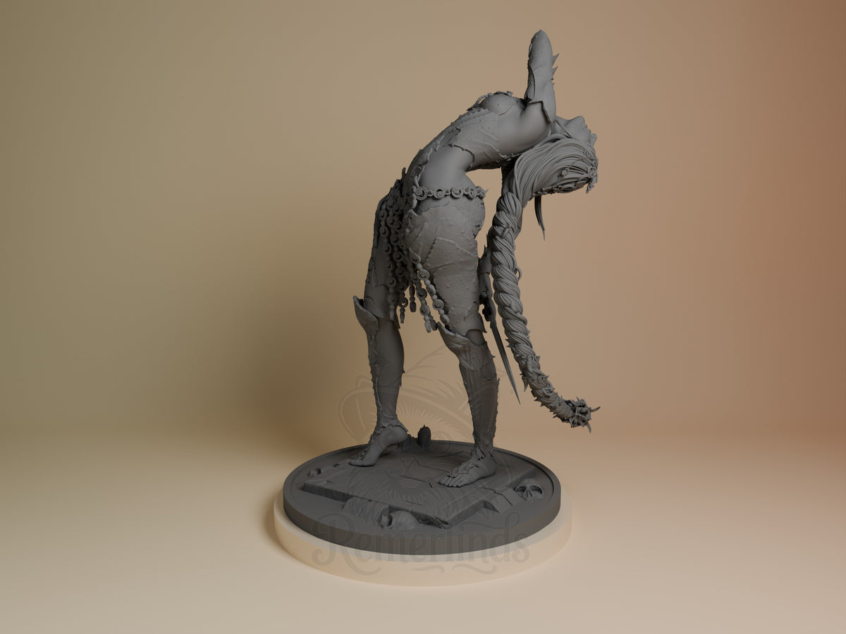 Orin the Red resin figure shown from the right side in dynamic standing pose with detailed armor and accessories on circular base, unpainted gray resin.