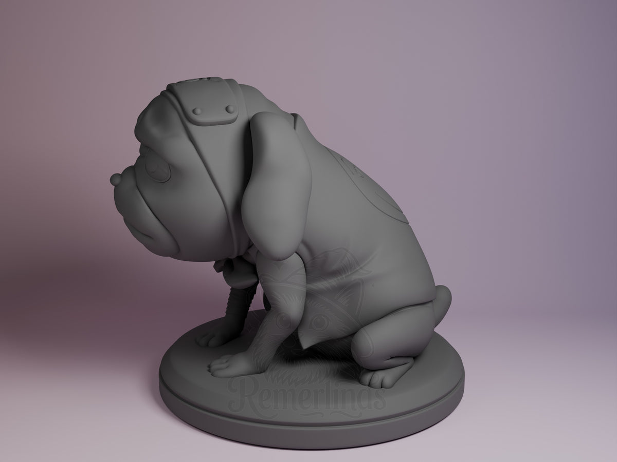 Gray resin Chibi Shadow Fang figure from Naruto in crouching pose on circular base, shown from side angle, unpainted.
