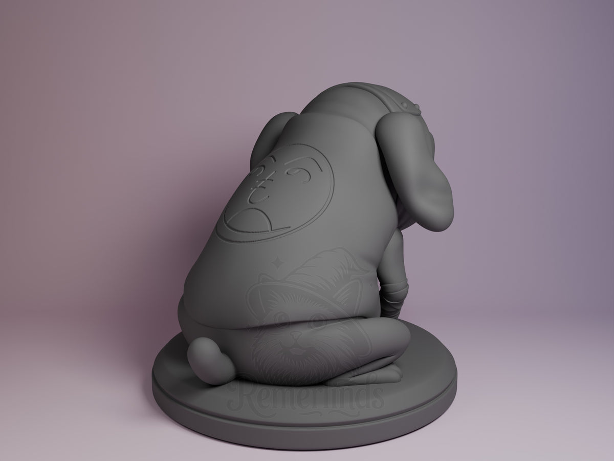Shadow Fang resin Chibi figure from Naruto shown from back angle, seated pose on circular base, unpainted grey prototype.