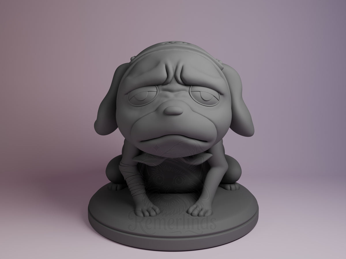 Shadow Fang Chibi resin figure in gray unpainted resin, seated pose with closed eyes on round base, front view.