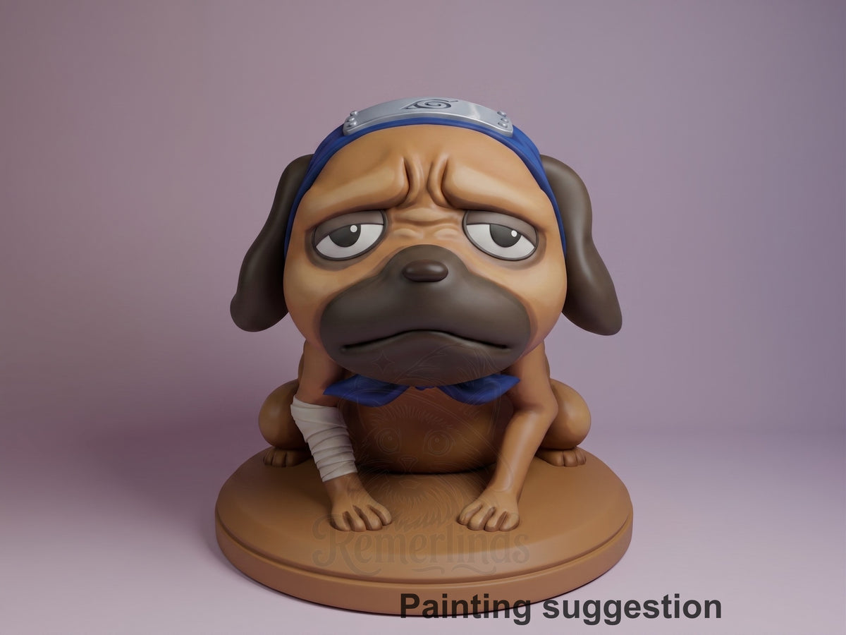 Shadow Fang Naruto resin Chibi figure sitting on circular base, wearing blue headband and bandaged arm, painted with grumpy expression against purple background.