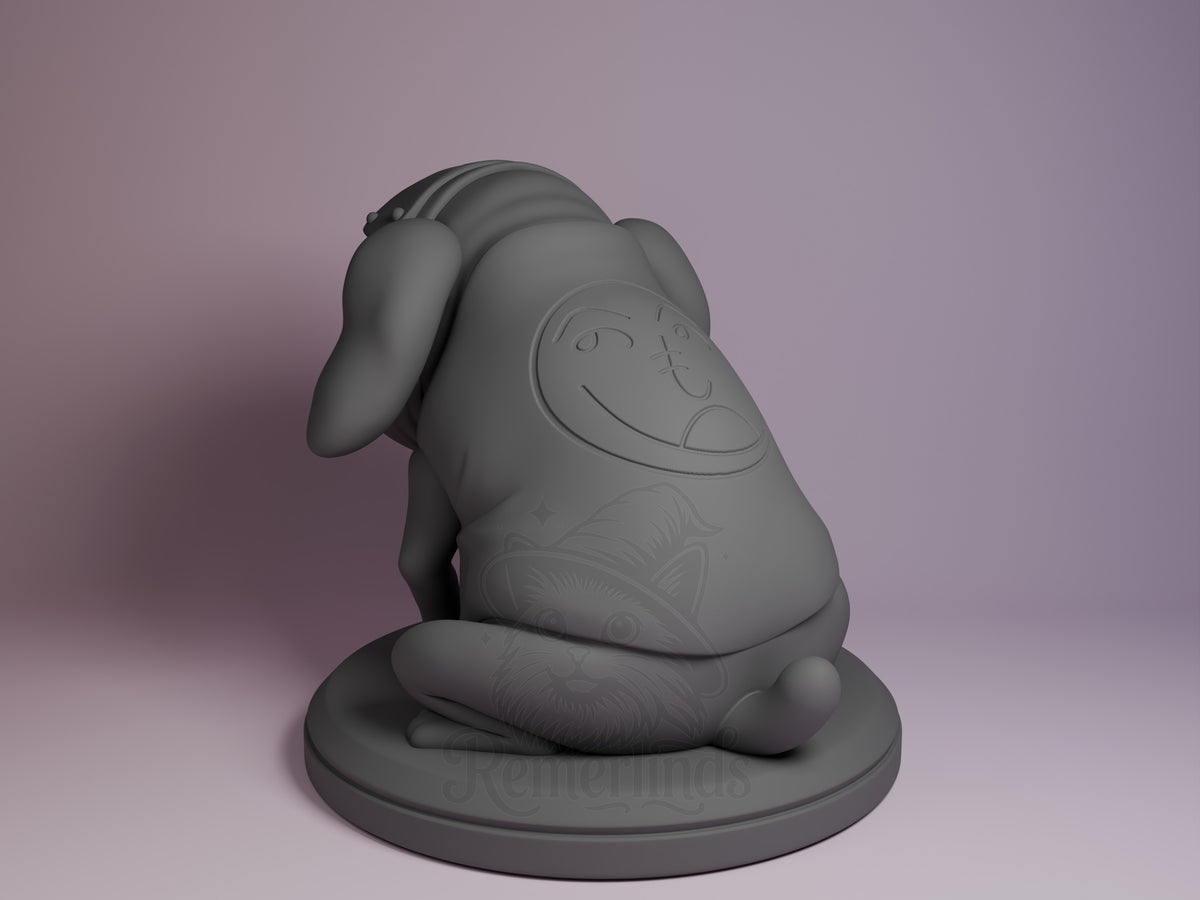 Shadow Fang Naruto resin Chibi figure shown from left side, unpainted gray with decorative details, seated pose on round base.