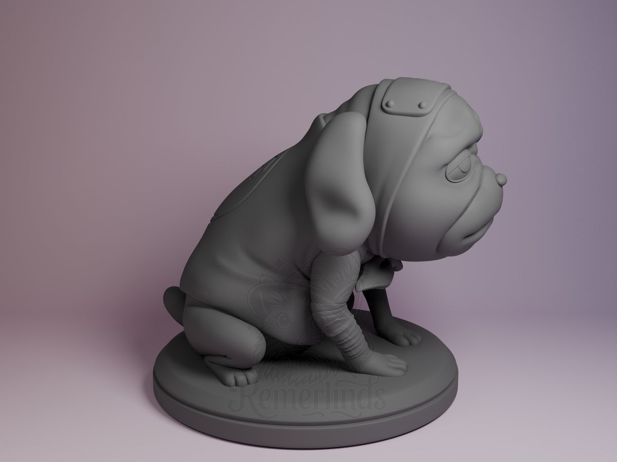 Gray resin Chibi Shadow Fang figure in seated pose on circular base, shown from right side angle, unpainted prototype.