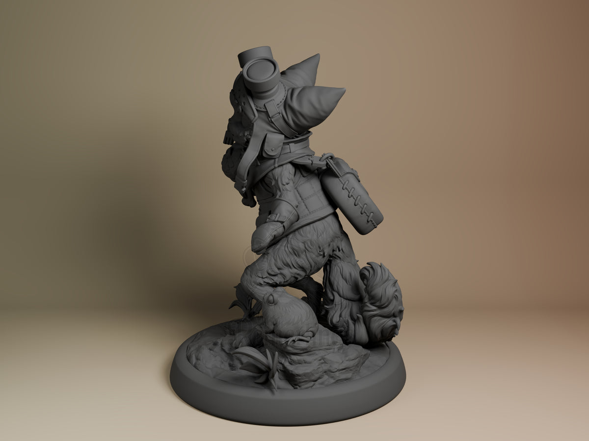 Palico resin figure from Monster Hunter in gray primer, standing upright on base with large ears, armor, and satchel visible from angled side view.
