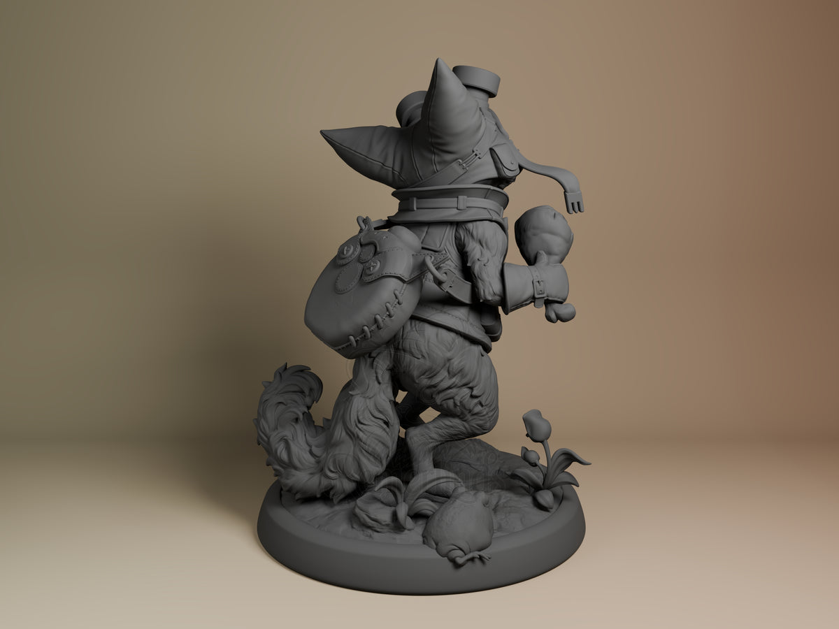 Palico and Toad resin figure shown from back angle, unpainted gray resin, character wearing wide-brimmed hat and belt, holding lute-like instrument, circular base with decorative elements.