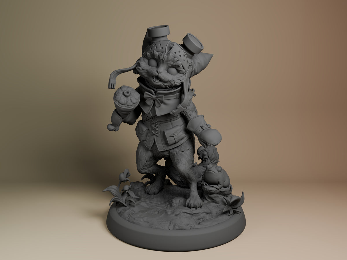 Unpainted gray resin figure of Palico and Toad from Monster Hunter, front view, standing on decorated base with dynamic pose and detailed armor.