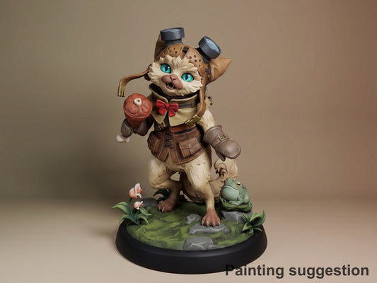 Palico and Toad resin figure from Monster Hunter, standing upright on green base wearing steampunk outfit with goggles, holding red bomb, fully painted with detailed brown armor and bright cyan eyes.