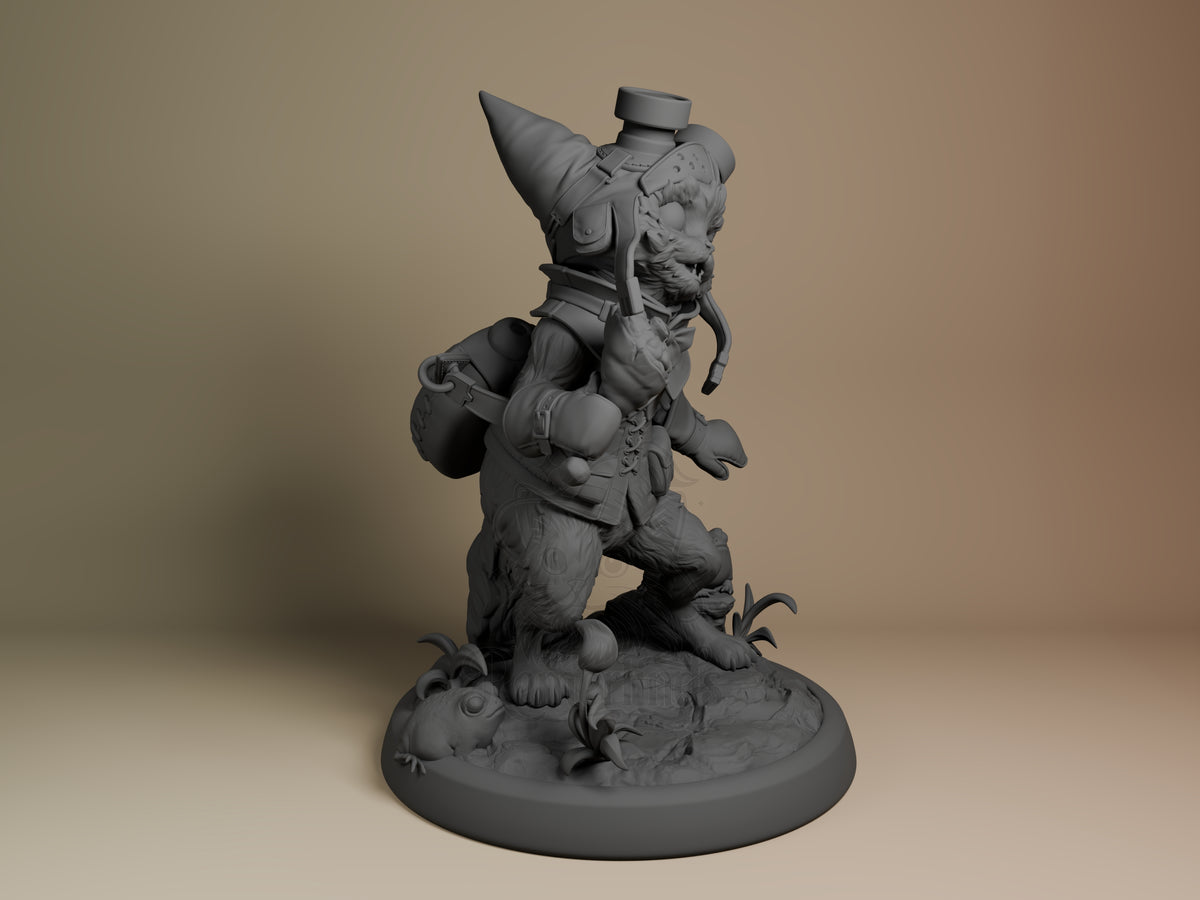 Unpainted gray resin figure of Palico and Toad from Monster Hunter, shown from right angle standing on decorative base with dynamic upright pose.