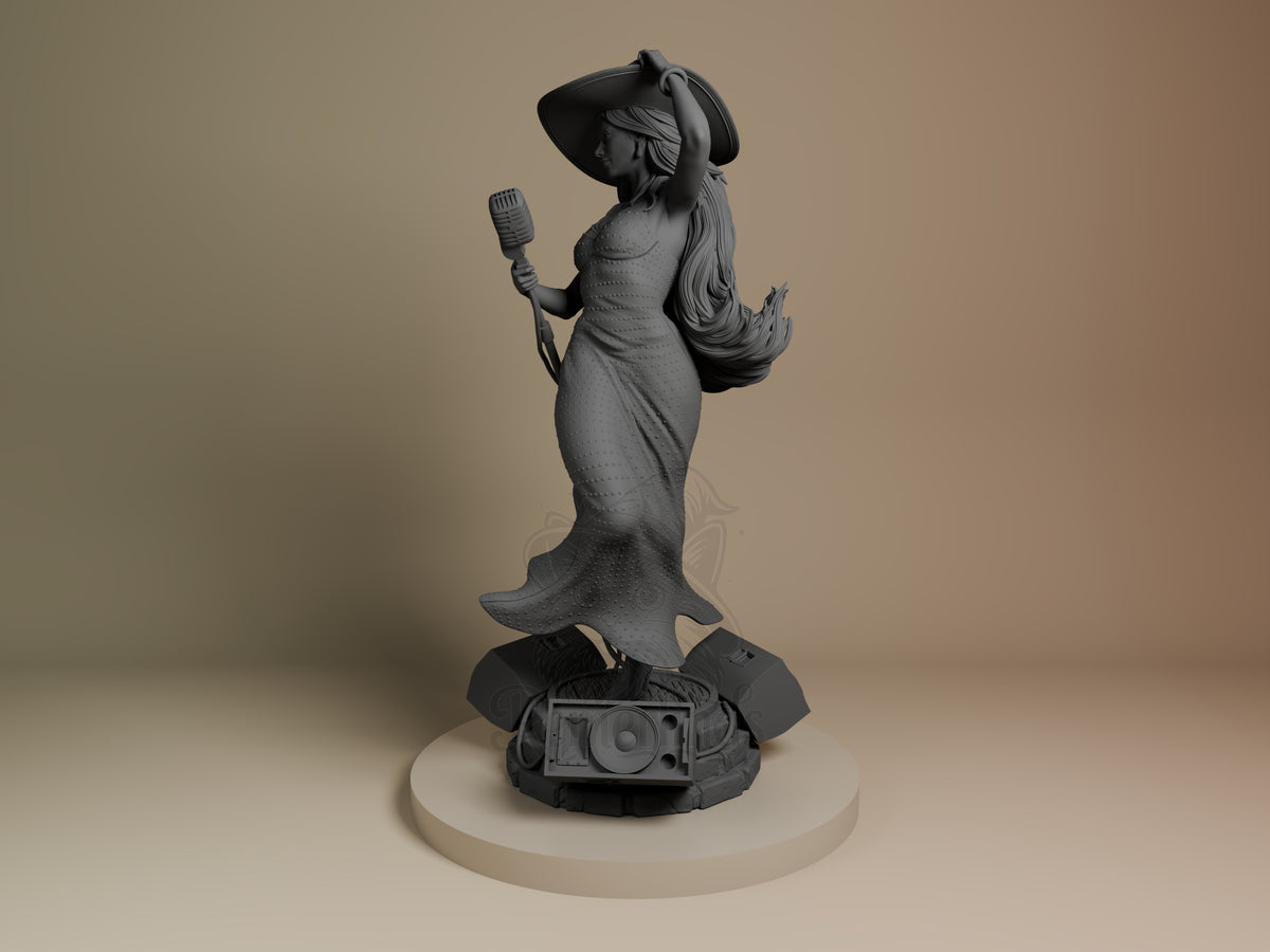 Metro Mayor Songstress resin figure from Mushroom Adventure, posed with microphone and hat, unpainted gray finish on cream base, angled side view.