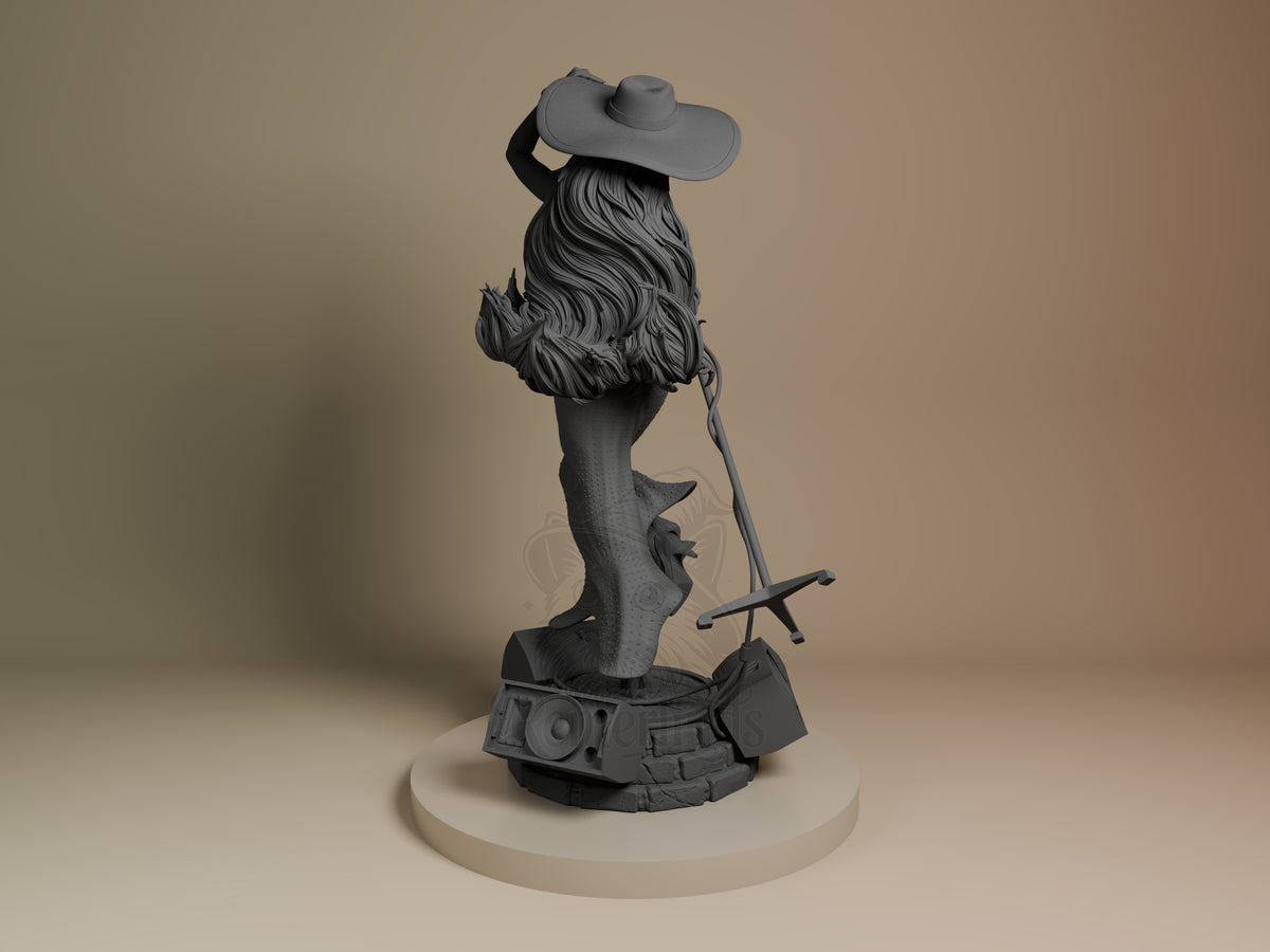 Metro Mayor Songstress resin figure shown from behind, wearing wide-brimmed hat and holding sword, unpainted gray finish on cream base.