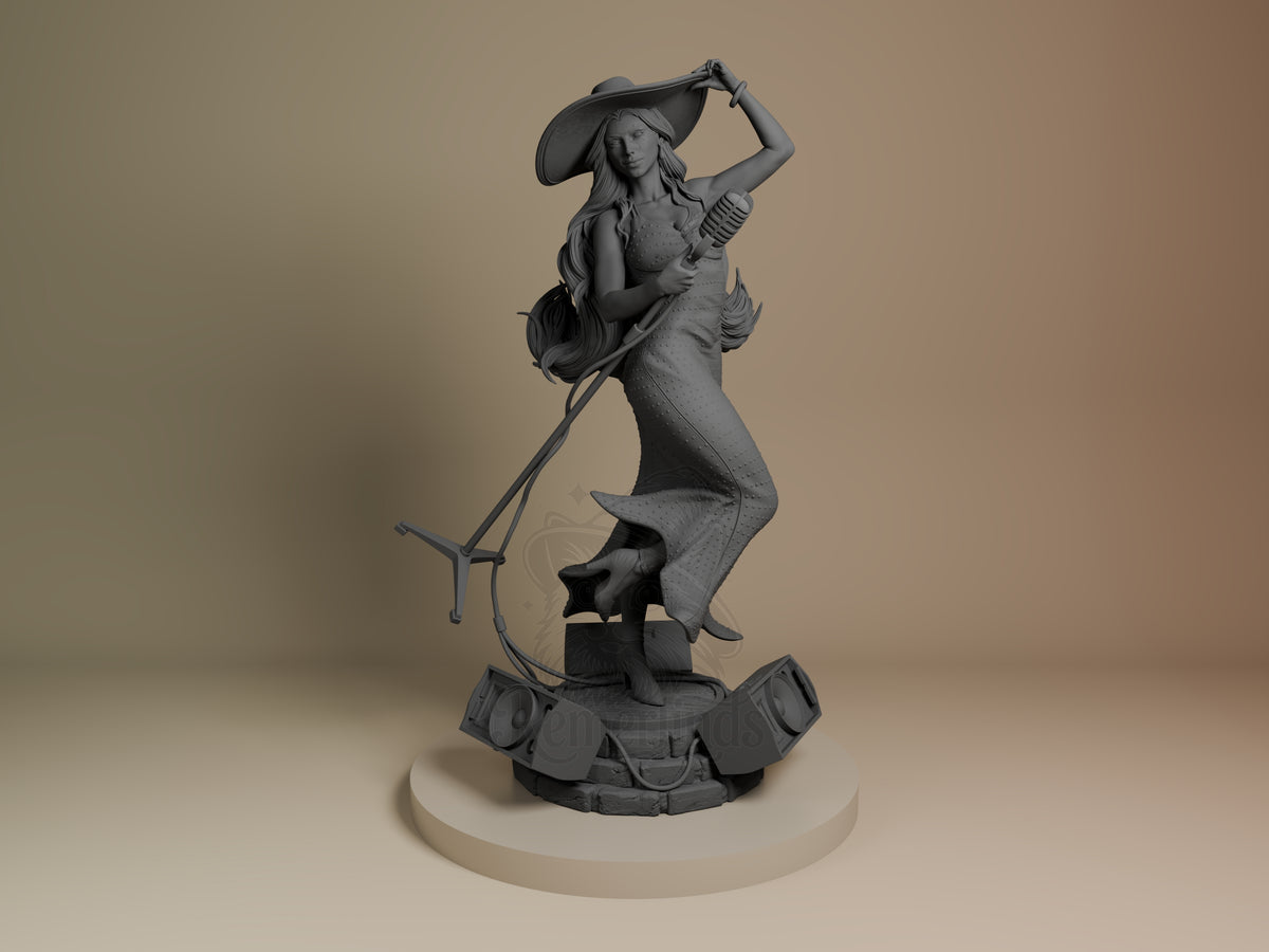 Metro Mayor Songstress resin figure from Mushroom Adventure shown from front, posed with lasso and wide-brimmed hat, unpainted gray with detailed base.