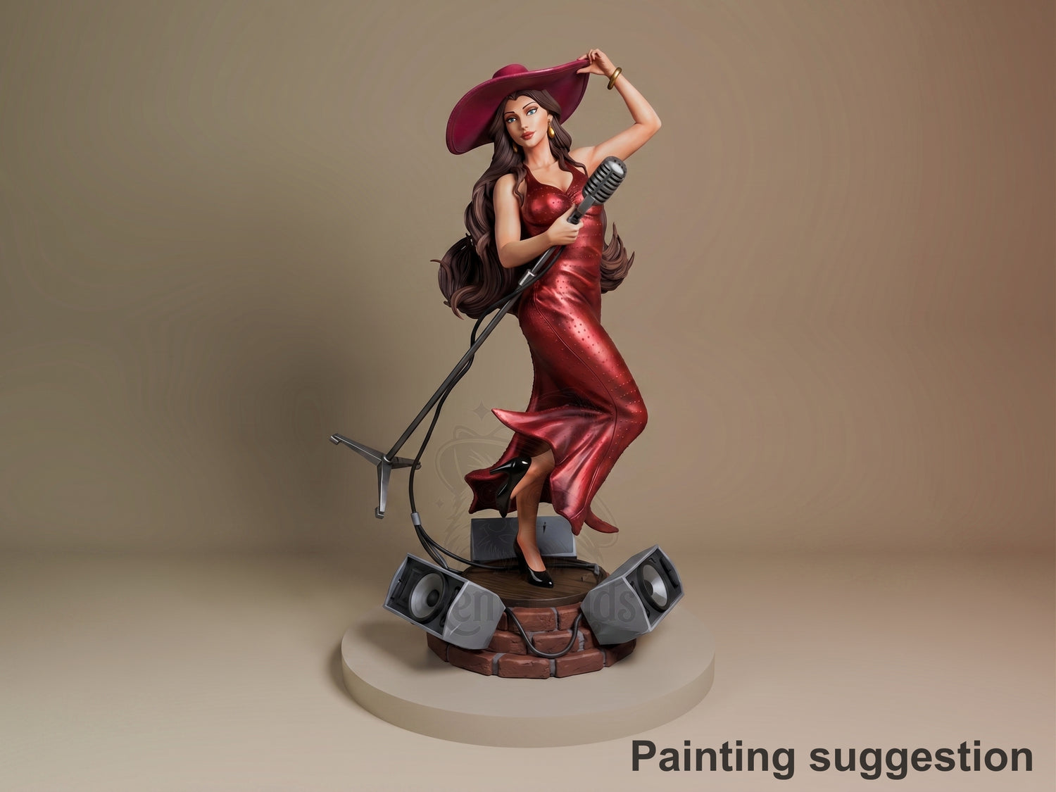 Metro Mayor Songstress resin figure in crimson dress and wide-brimmed hat, holding microphone on speaker-equipped base, shown from front three-quarter angle.