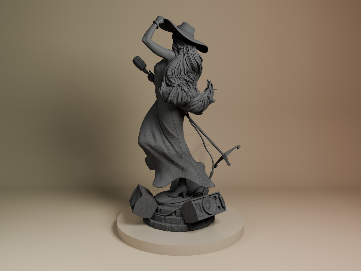 Metro Mayor Songstress resin figure from Mushroom Adventure, shown from left angle in dynamic pose holding microphone and sword, unpainted gray finish on cream base.