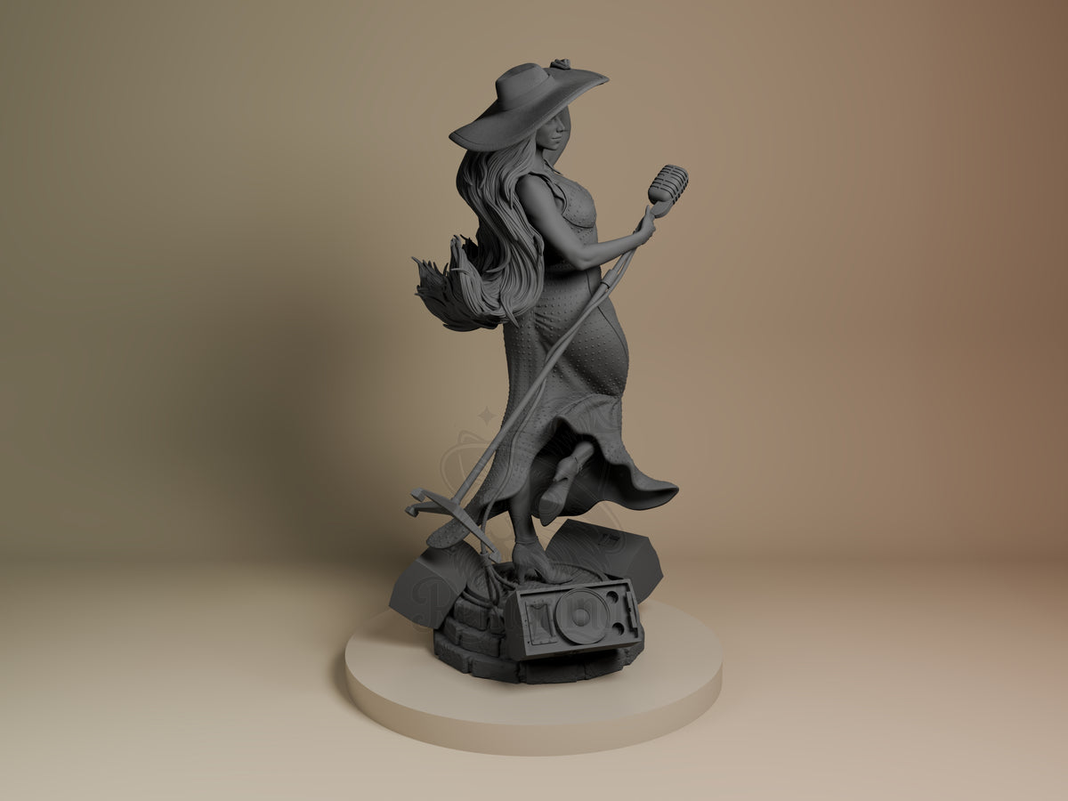 Metro Mayor Songstress resin figure from Mushroom Adventure, unpainted gray, shown right angle holding microphone in dynamic pose on themed base.
