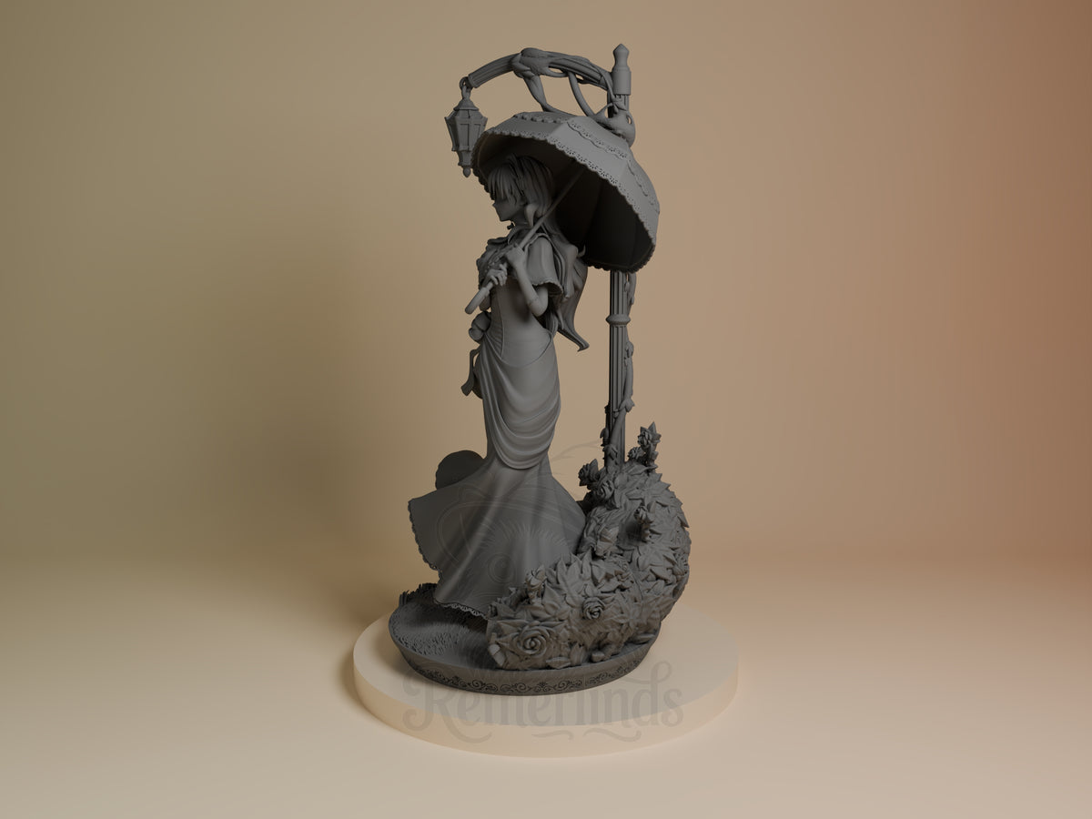 Side-angle unpainted resin figure of Penelope Eckhart from Villains Are Destined to Die holding an umbrella on a floral base.