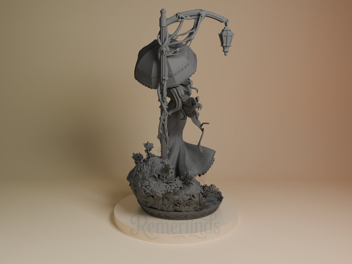 Back view shows unpainted Penelope Eckhart resin figure from Villains Are Destined to Die on a floral sculpted base.