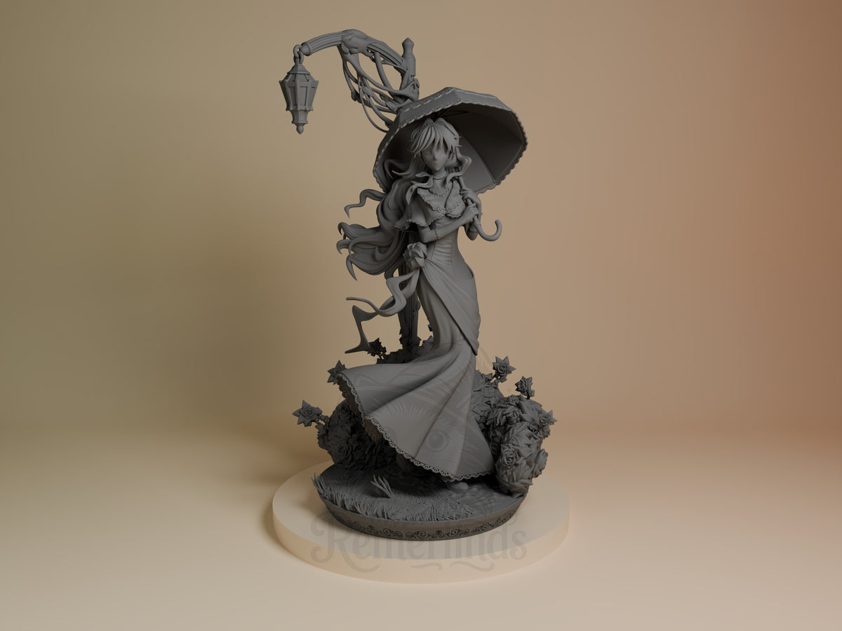 Front view shows Penelope Eckhart from Villains Are Destined to Die, unpainted resin figure holding an umbrella on a rose-cl?