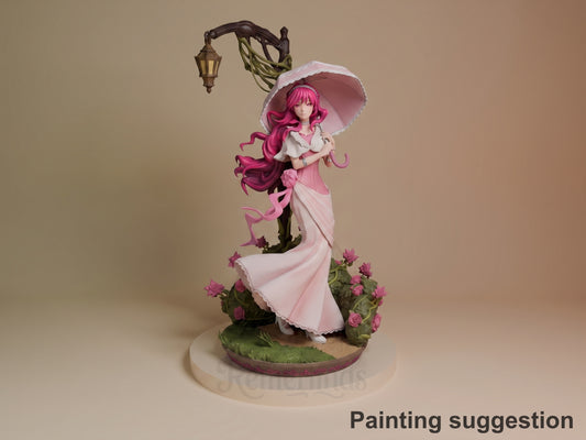 Penelope Eckhart resin figure from Villains Are Destined to Die, painted in pink dress with parasol, standing on floral base with decorative lamp post.