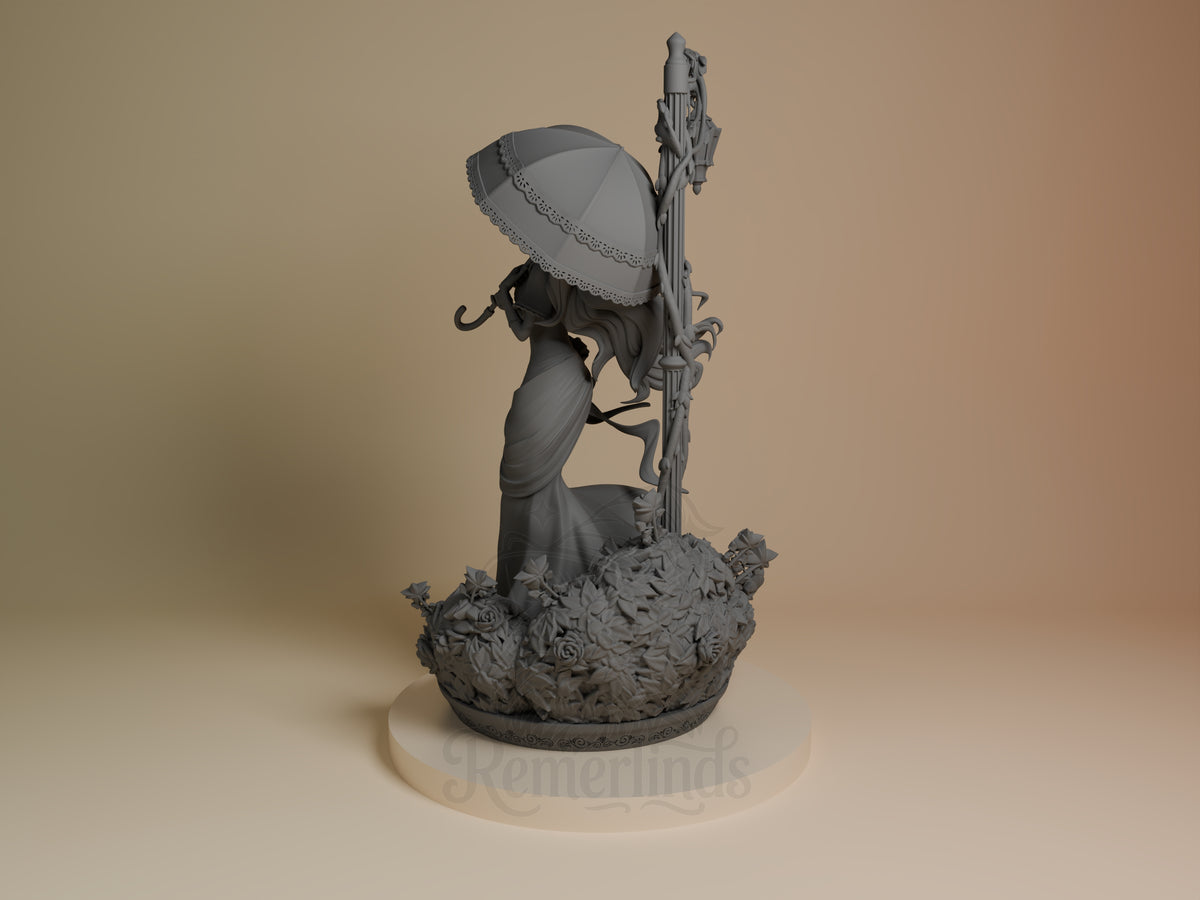 Unpainted resin figure of Penelope Eckhart from Villains Are Destined to Die, shown from behind with umbrella and staff on a?