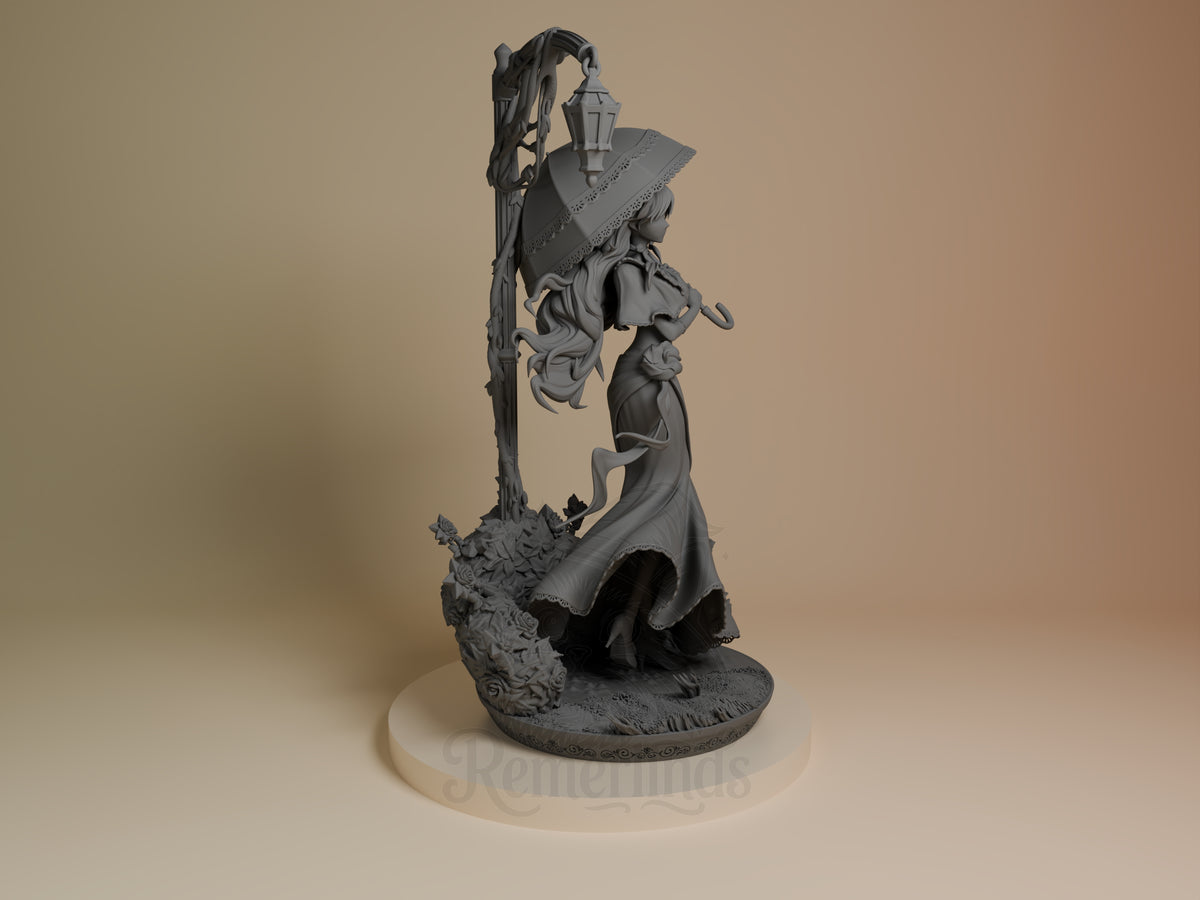 Penelope Eckhart from Villains Are Destined to Die is an unpainted resin figure, shown in right profile with umbrella and a ?