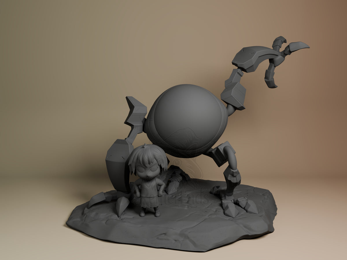 Cyber Pilot from Webbed Guardian faces front as an unpainted resin figure with spider body on a sculpted base.