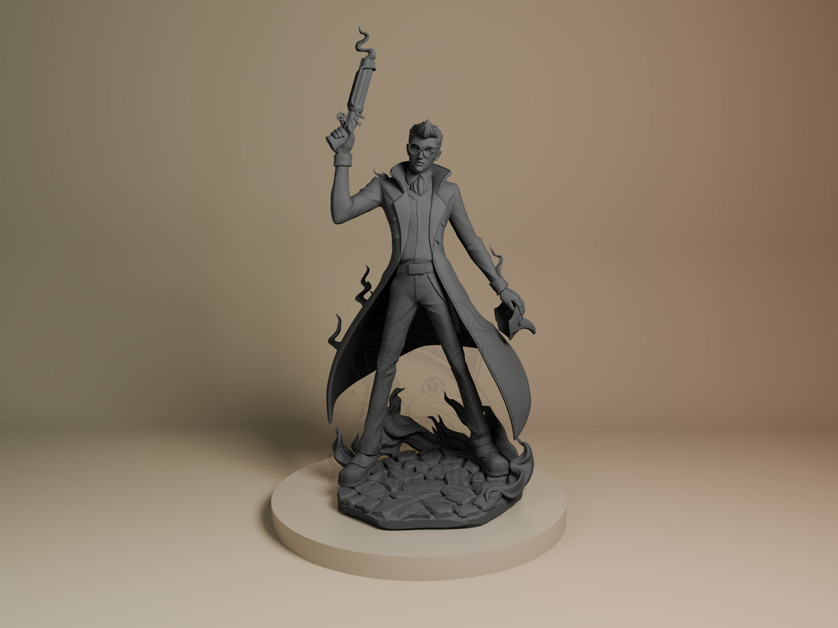Front view shows Percival De Rolo from Legend of Vox Machina as an unpainted resin figure, raising a pistol above a rocky, f.