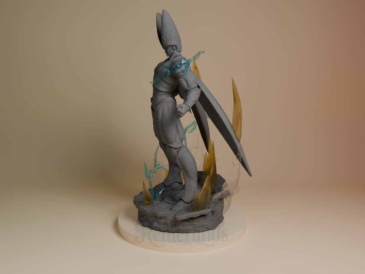 Menace resin figure from Dragon Sphere Y in dynamic pose, gray body with blue accents, holding large blade weapon, rocky base with golden crystal details.