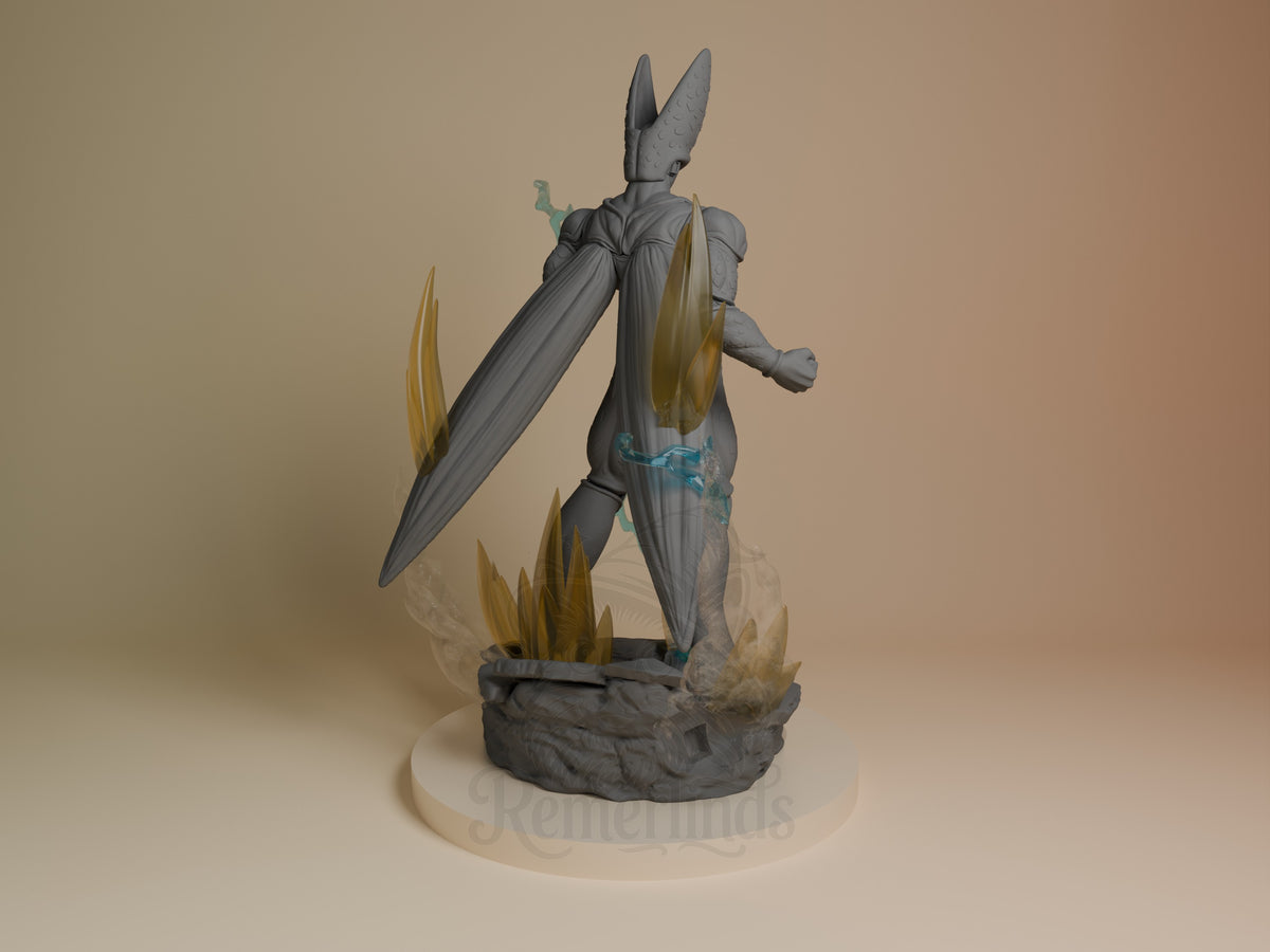Genetic Apex Menace resin figure from rear, showing tall rabbit-eared character with sword, gold-painted wings and accents, rocky base with spikes.