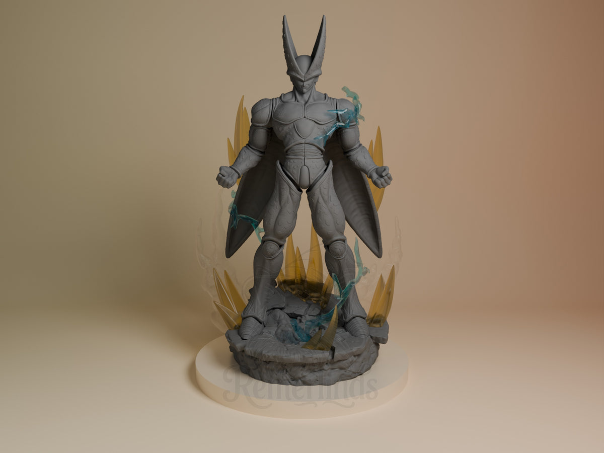 Menace from Dragon Sphere Y resin figure displayed front-facing in heroic pose, holding golden weapons, with teal accents and rocky base.