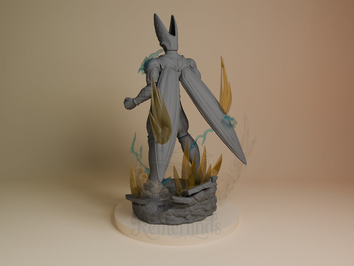 Genetic Apex Menace resin figure shown from left angle, standing pose with extended limbs and spiky head, gray body with gold accents and blue details on rocky base.