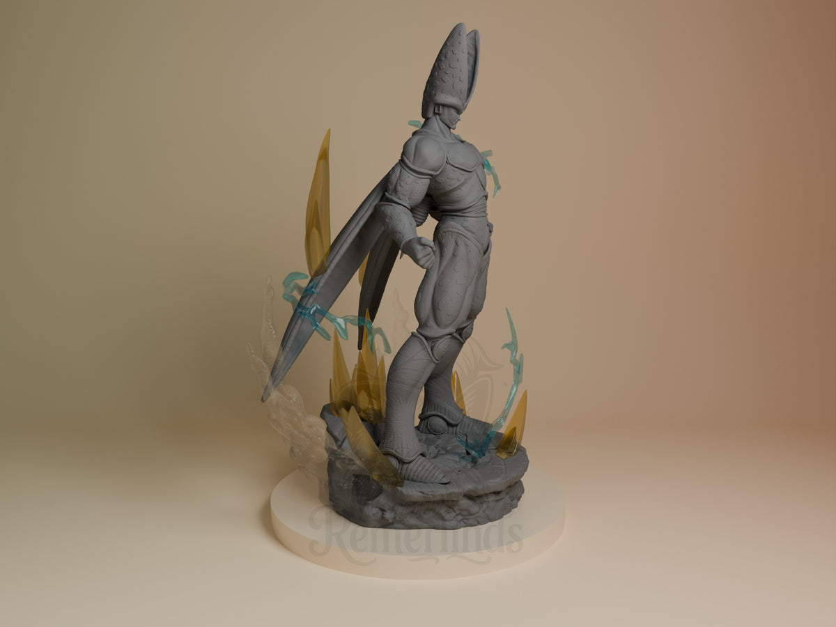 Genetic Apex Menace resin figure from Dragon Sphere Y in gray with gold and turquoise accents, holding a large rifle, posed dynamically on textured base.