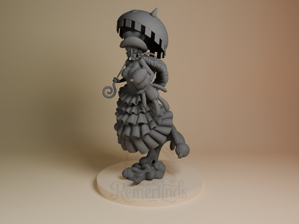 Angled view of unpainted Perona from One Piece, a resin figure with parasol and sculpted base.