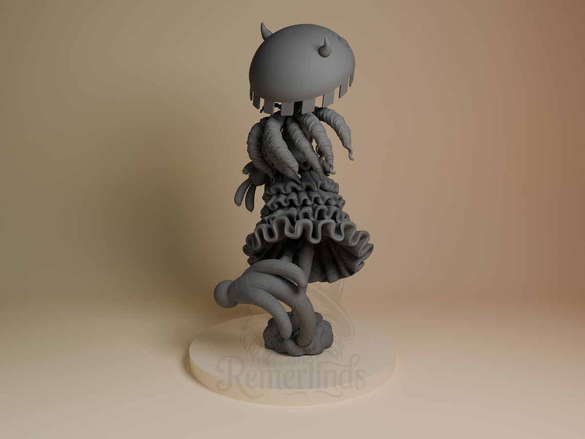 Back three-quarter view of Perona from One Piece, an unpainted resin figure with tentacles on a round base.